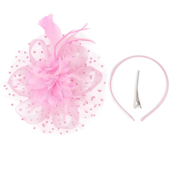 Pink fascinator hat headband head piece flower feather derby clip net - Picture 9 of 11